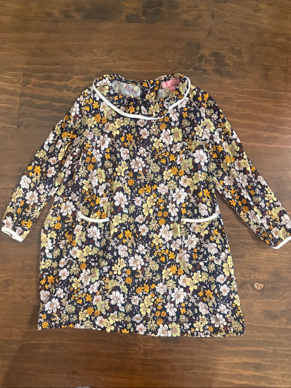 Girls' Navy Floral Long Sleeve Top with White Trim